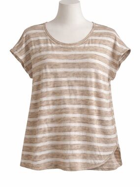 Athleta XL Beige White Striped Tee Relaxed Fit Short Sleeve Casual Top